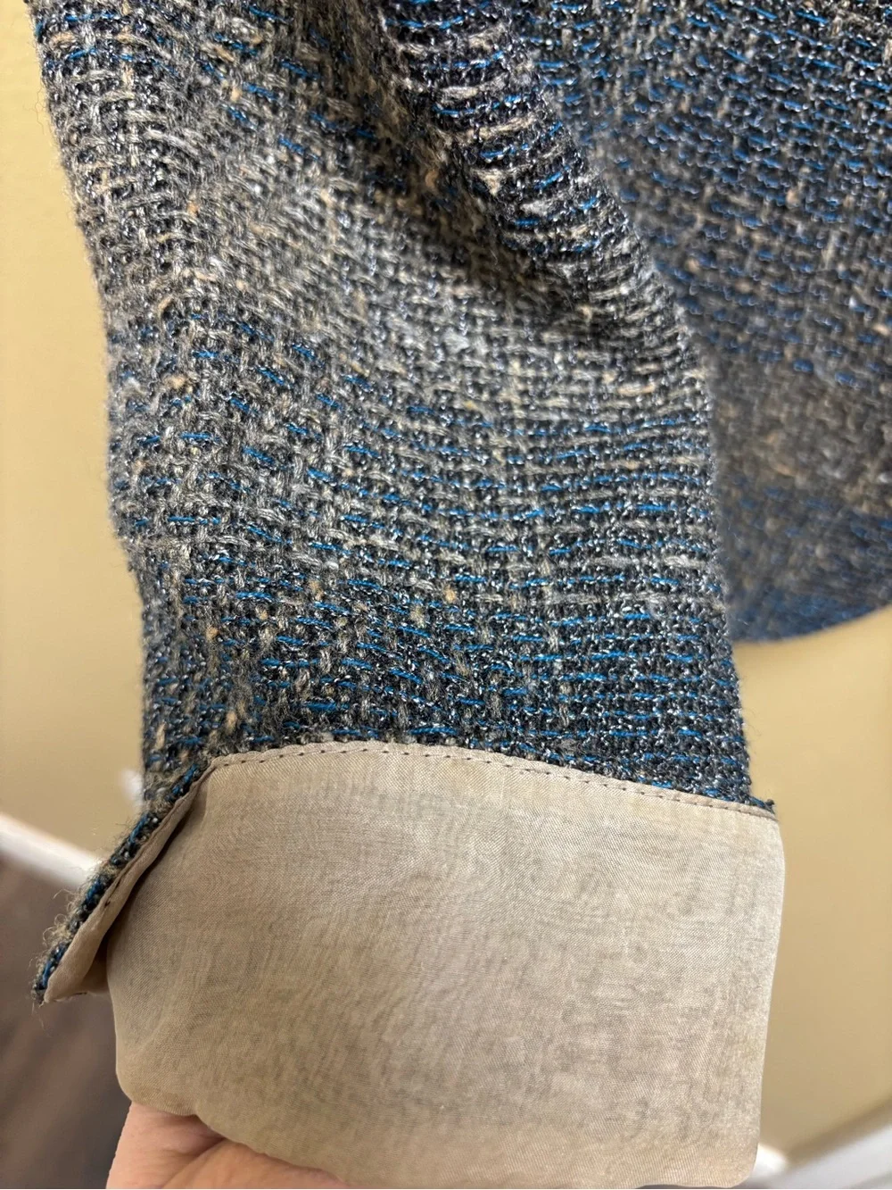 Elie Tahari Blue & Gray Tweed Fringe Collar Blazer - Picture 5 of 6